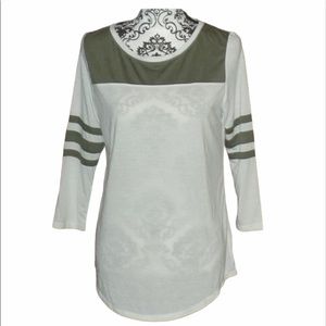 Arizona Ringer Tee T-Shirt Small Raglan Sleeve Olive Green White Stripe Pullover